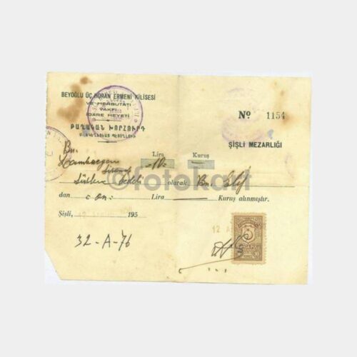 1950 Beyoğlu Üç Horon Ermeni Kilisesi Makbuzu