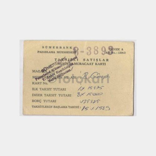 1989 Sümerbank Müşteri Taksit Kartı