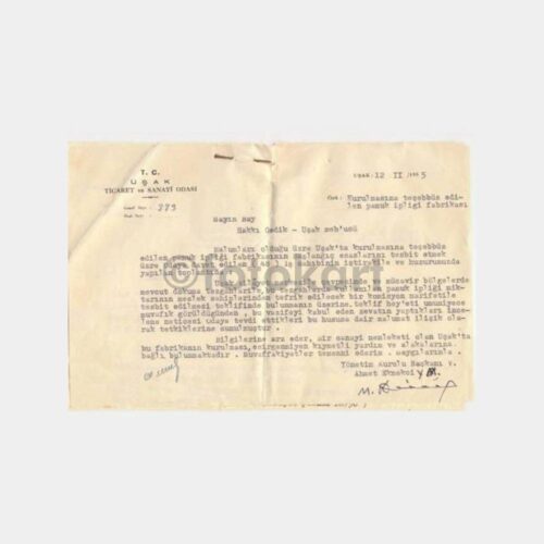 1955 Uşak Pamuk Fabrikası Kurulması Hk. Yazı