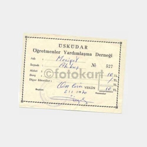 1970 Üsküdar Öğretmenler Yardım Makbuzu