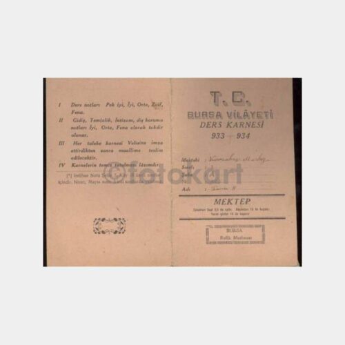 1933-34 Bursa Vilayeti Ders Karnesi