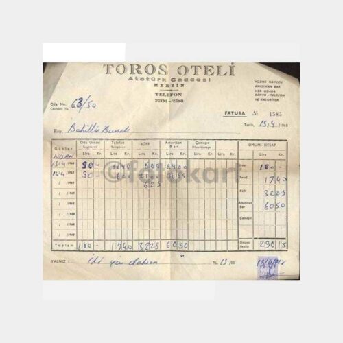 1968 Mersin Toros Oteli Fatura