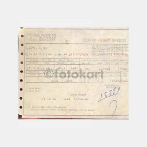 1980 İ.E.T.T. Erenköy Elektrik S.Gazı Makbuzu