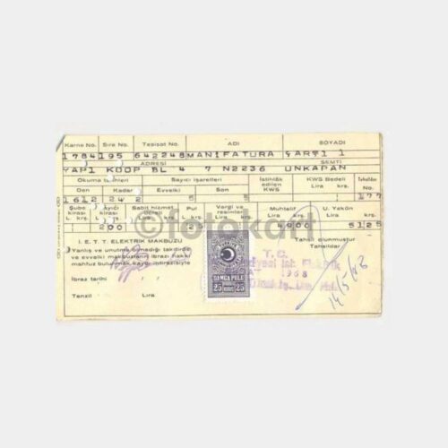 1968 İ.E.T.T. Unkapanı Elektrik Makbuzu