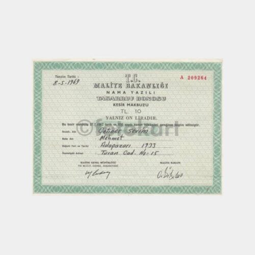 1969 Tasarruf Bonosu Kesir Makbuzu