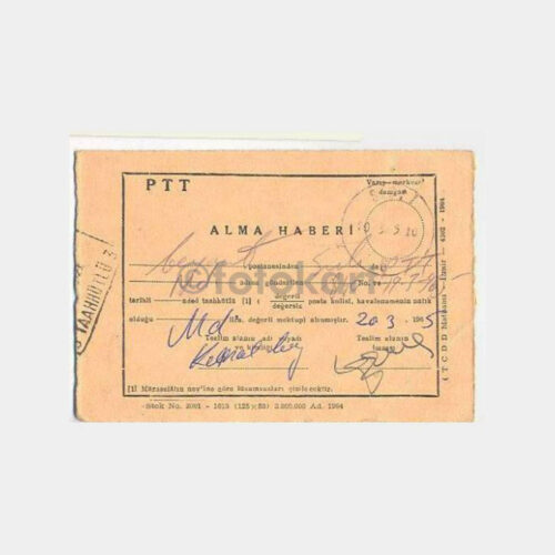 1965 PTT Şişli Posta Alma Haberi Kartı