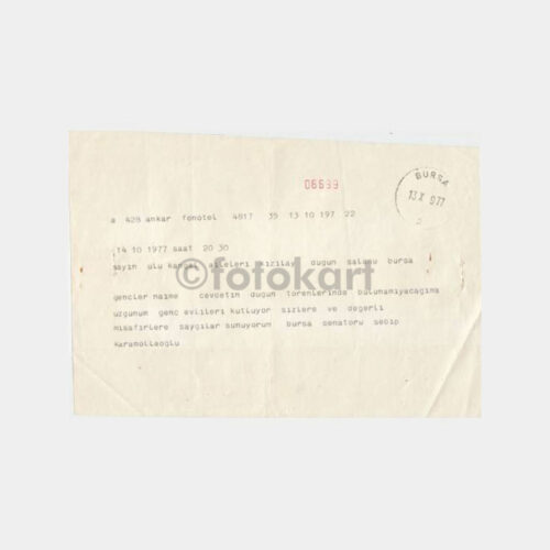 1977 Bursa Posta Damgalı Eski Tebrik Telgrafı