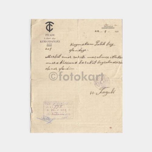 1929 Selimiye Askeri Görev Emri Yazısı