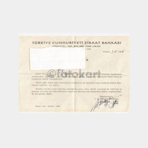 1986 Ziraat Bankası İkramiye Bildirim Yazısı