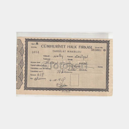1958 Hatay Dörtyol CHP Teberrü Makbuzu