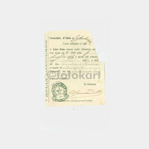 1884 İstanbul İtalyan Konsolosluğu Makbuzu