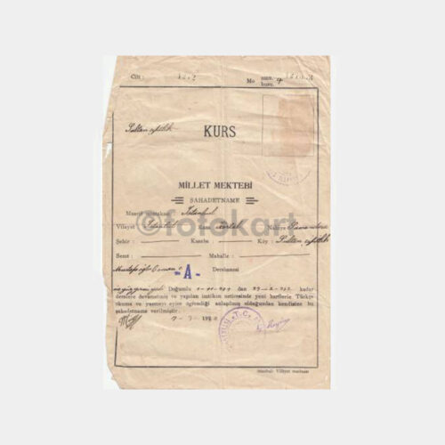 1932 Kartal Millet Mektebi Şahadetnamesi Diploma
