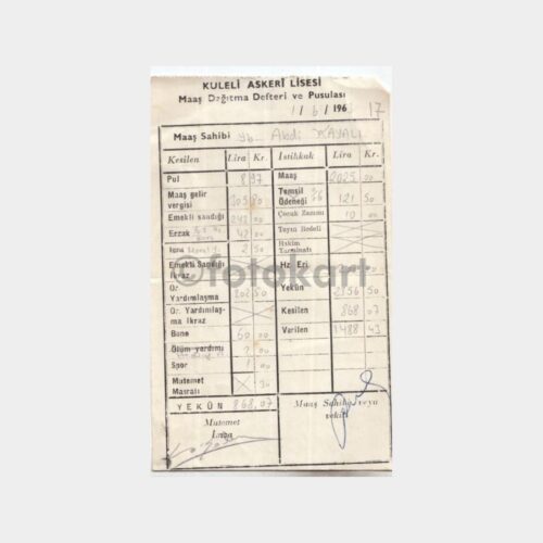 1963 Kuleli Askeri Lisesi Personel Maaş Pusulası