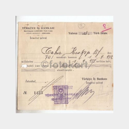 1932 T. İş Bankası Kiralık Kasa Makbuzu