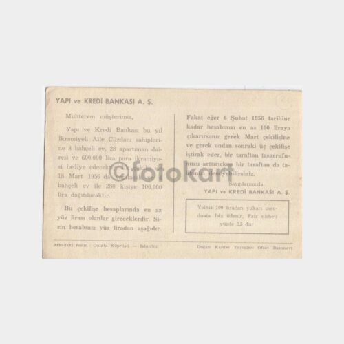 1956 Yapı Kredi İkramiye - Galata Köprüsü Görünüş Kartpostal - Görsel 2
