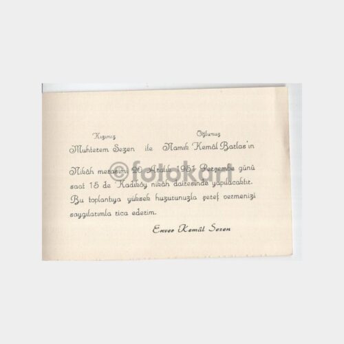 1951 Kadıköy Nikah Dairesi Konulu Davetiye