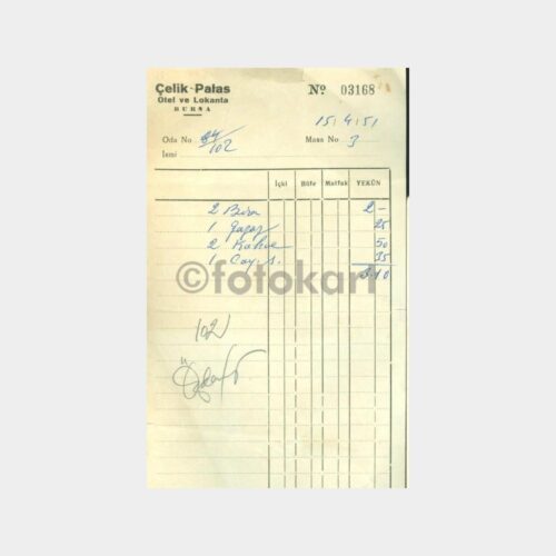1951 Bursa Çelik Palas Otel Lokanta Makbuzu