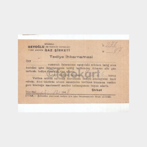 1948 Beyoğlu Yeniköy Gaz Şirketi Makbuzu