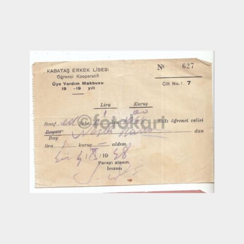 1948 Kabataş Erkek Lisesi Üye Yardım Makbuzu