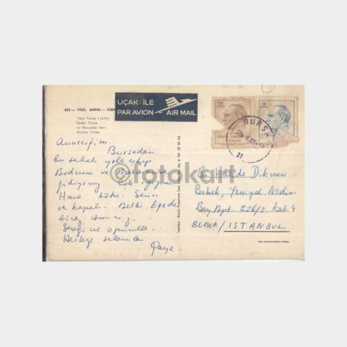 1965 Bursa Yeşil Türbe Konulu -Postadan Geçmiş- Kartpostal - Görsel 2