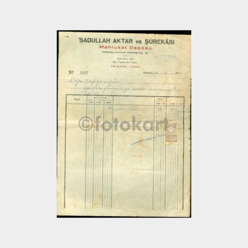 1952 Fındıklı Hamam Arkası Mahrukat Depo Fatura