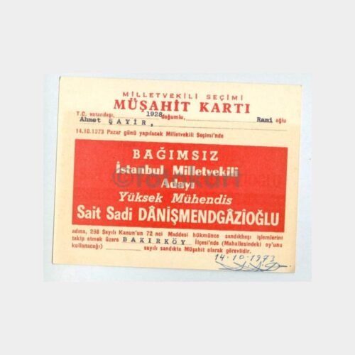 1973 Milletvekili Seçim Müşahit Kartı
