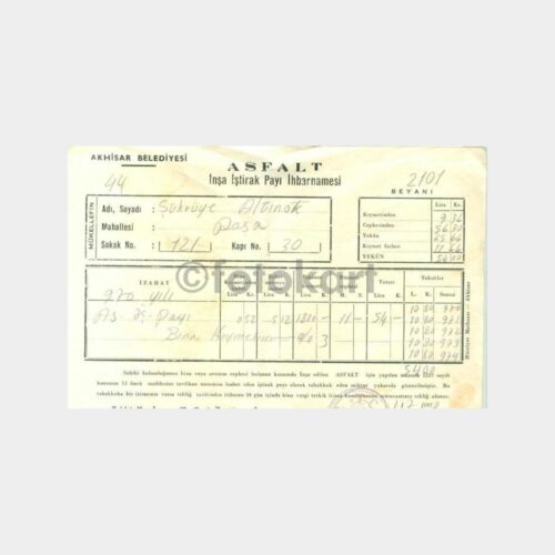 1970 Akhisar Belediyesi Asfalt Payı İhbarnamesi