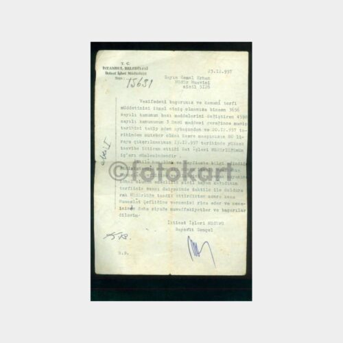 1957 İstanbul Belediyesi İktisat İşleri Yazısı
