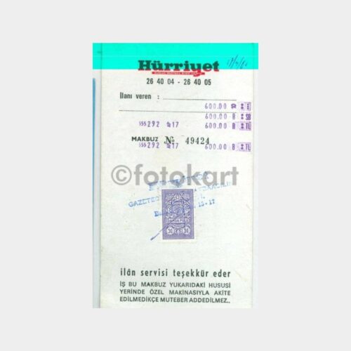 1960 Hürriyet İlan Fatura Kartı
