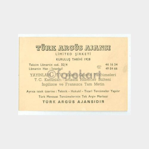 1950 Türk Argüs Ajansı - İşyeri Kartı