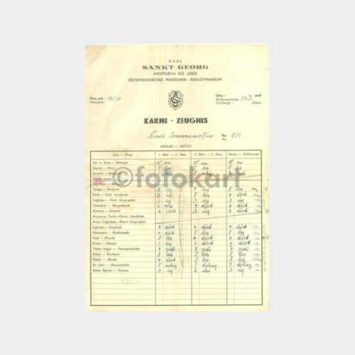 1960 Sankt Georg Avusturya Kız Lisesi Karne