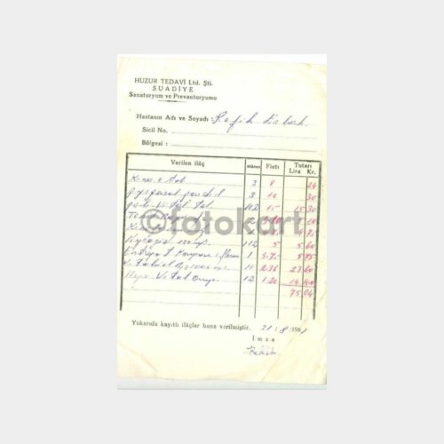 1961 Suadiye Huzur Sanatoryumu - İlaç Listesi