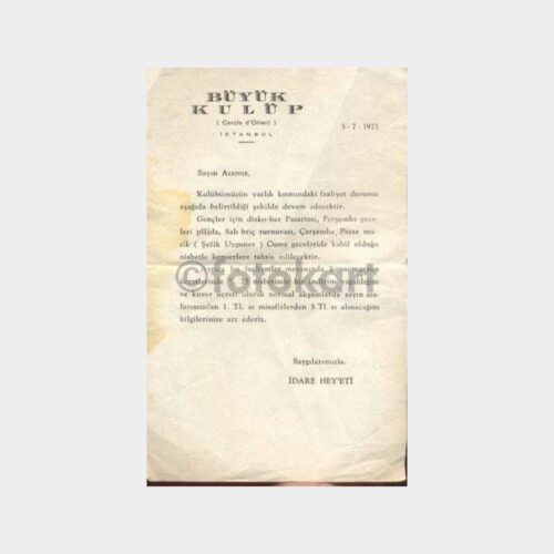 1971 Büyük Kulüp Antetli Üye Bildirim Kağıdı