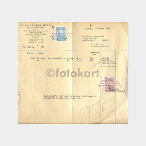 1946 Eczacı Fuad Mehmed Mirel Faturası