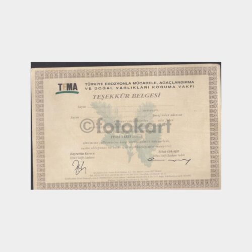 TEMA Vakfı Teşekkür Belgesi