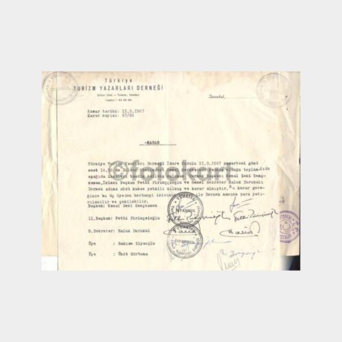 1967 Turizm Yazarları Derneği Kararı-Orjinal Belge