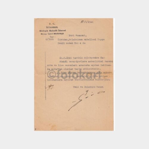1946 İstanbul Valisi Lütfü Kırdar - İmzalı Yazısı
