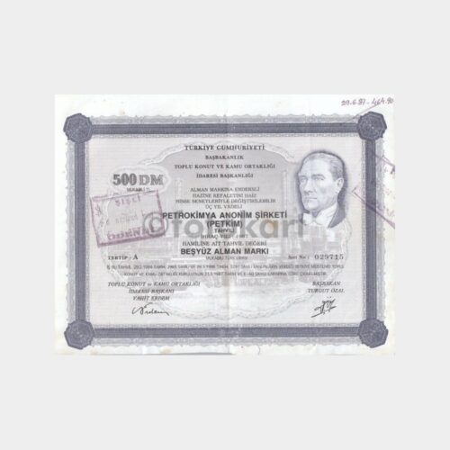 1987 500 DM Özal Baskı İmzalı 029715 Petkim Tahvili