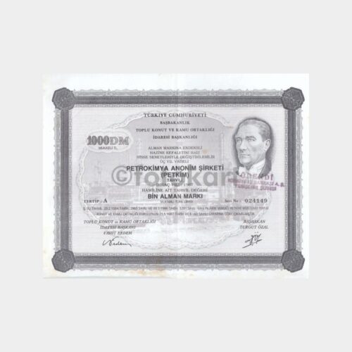 1987 1000 DM Özal Baskı İmzalı 024149 Petkim Tahvili