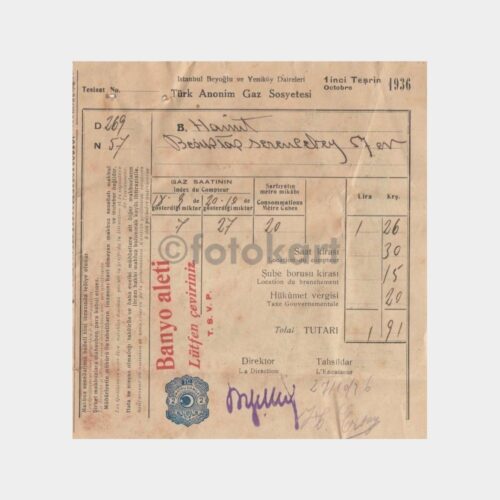 1936 İstanbul Havagazı Makbuzu