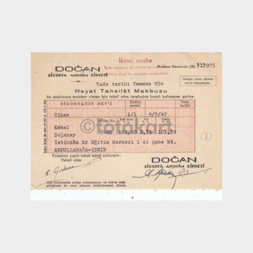 1954 Doğan Sigorta Tahsilat Makbuzu