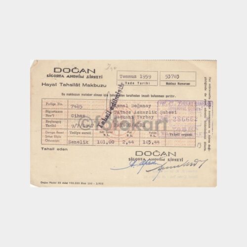 1959 Doğan Sigorta Tahsilat Makbuzu