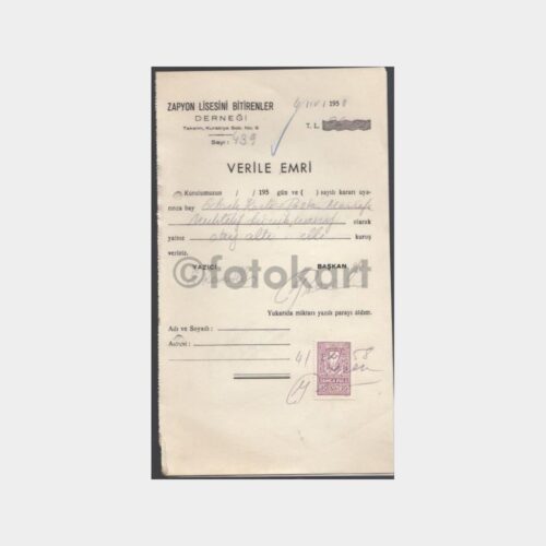 1958 Zapyon Lisesi Bitirenler Derneği Makbuzu