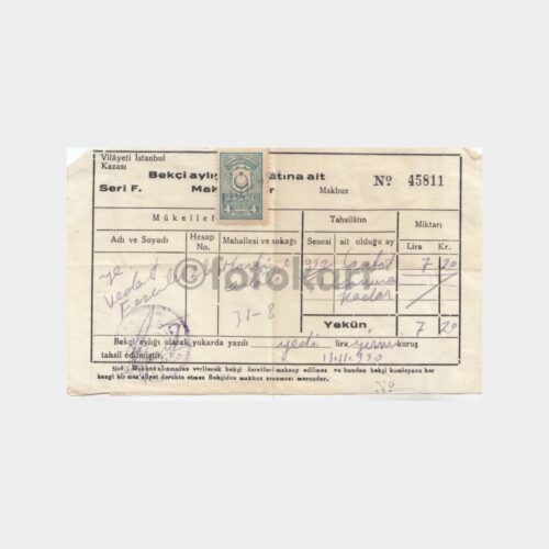1950 Şişli Harbiye Bekçi Ücreti Makbuzu