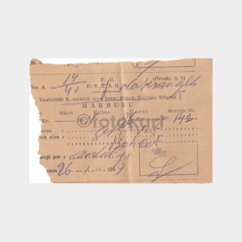 1949 Antalya Diyarbakır Damgalı Posta Makbuzu