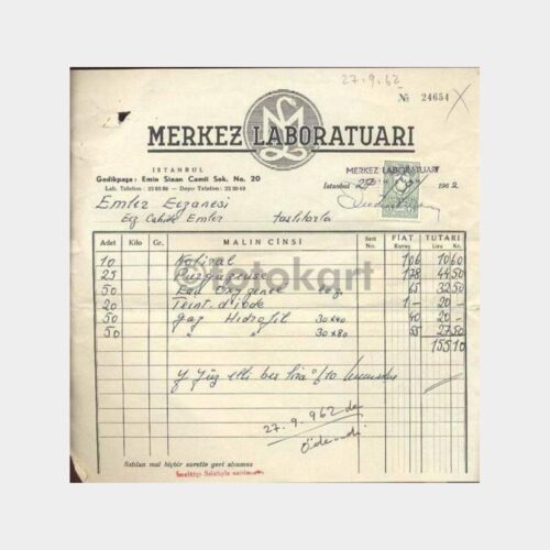 1962 Merkez Laboratuvarı Faturası
