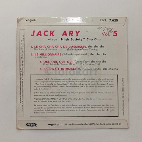 Jack Ary, Le Cha Cha Cha-Le Millionnaire Fransa Baskı 45'lik Plak - Görsel 2