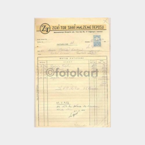 1956 Zeki Tor Sıhhi Malzeme Deposu 2 Adet Fatura