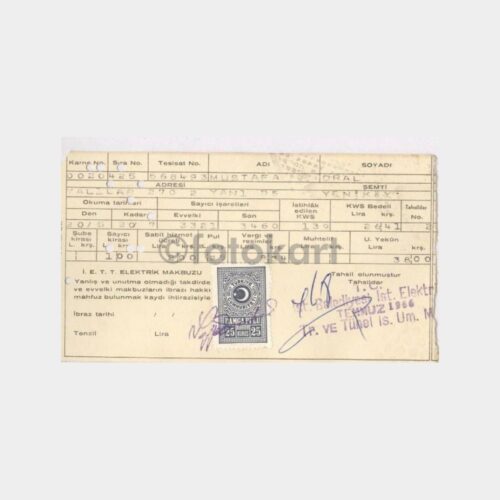 1966 Boğaziçi Yeniköy Elektrik Faturası