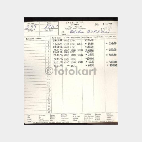 1973 Maçka Oteli Faturası
